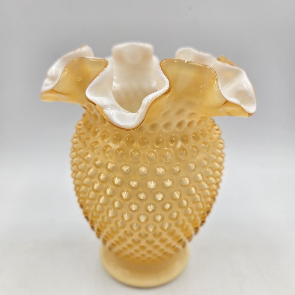 Stunning Vintage Fenton Ruffled Honey Amber Overlay English Hobnail Vase 6.25"